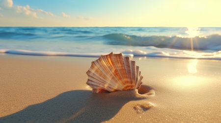 A seashell on a sandy beach with the ocean in the backgroundの素材