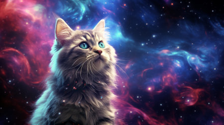 A cat sitting on top of a table in front of a galaxy backgroundの素材