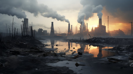 Smoke bills from a factory near a body of waterの素材