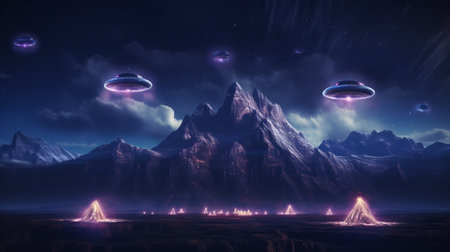 A group of extraterrestrial beings soaring through the sky above a majestic mountain landscapeの素材