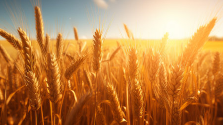 A golden wheat field with the sun shining in the backgroundの素材