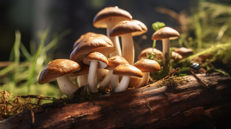 A cluster of mushrooms in a lush forest settingの素材