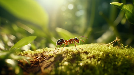 Two ants on a vibrant green fieldの素材