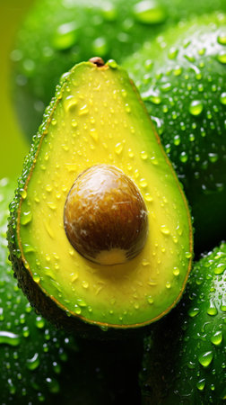 A fresh and vibrant avocado with water droplets glistening on its surfaceの素材