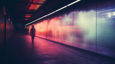 A person walking along a wall on a sidewalkの素材