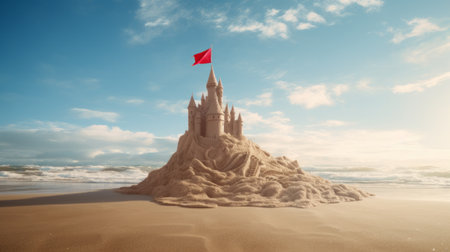 A sand castle with a red flag on the beachの素材