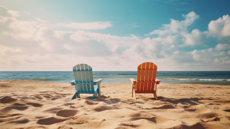 Two chairs on a sandy beachの素材