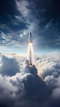 A rocket launching into the sky above cloudsの素材