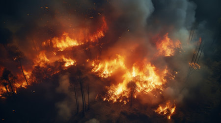 A large fire burning in a forest filled with treesの素材