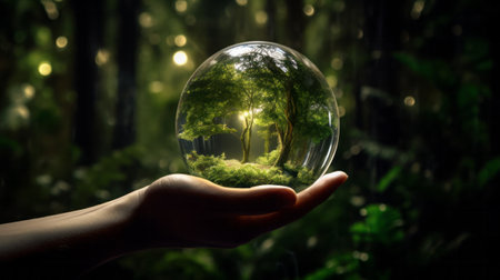 A person holding a glass ball with a forest inside of itの素材
