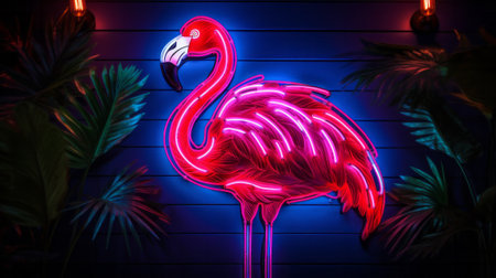 A vibrant neon flamingo in front of a modern buildingの素材