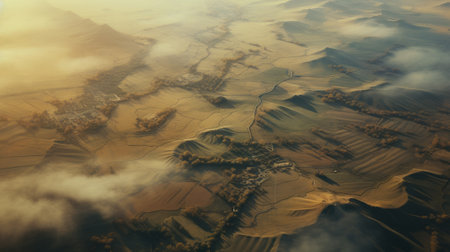 A serene countryside landscape captured from aboveの素材