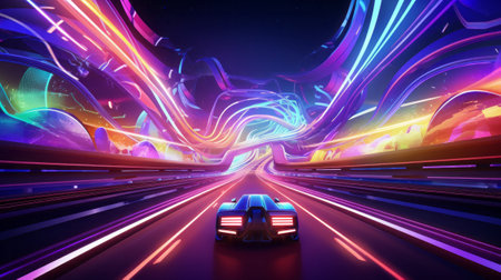 A car driving through a tunnel with vibrant neon lightsの素材