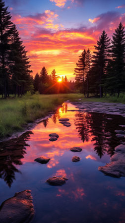 The sun is setting over a small riverの素材