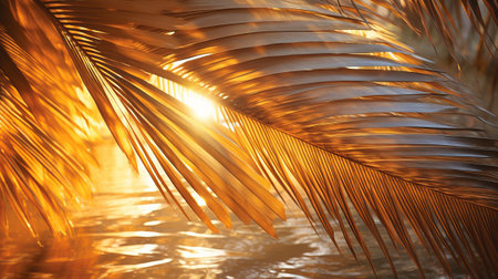 A close up of a palm tree with the sun shining through the leavesの素材