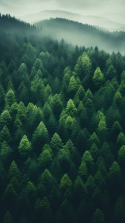 A lush and vibrant forest with a dense canopy of green treesの素材