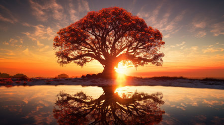 A tree is shown with the sun setting in the backgroundの素材