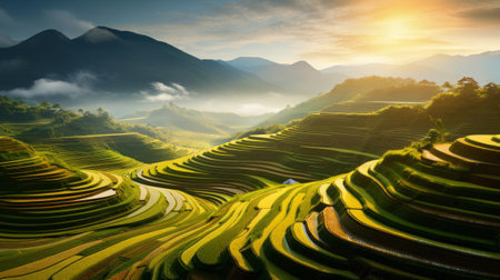 A breathtaking rice field nestled in the scenic mountainsの素材