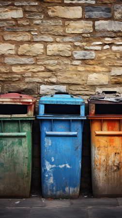 A row of trash cans next to a stone wallの素材