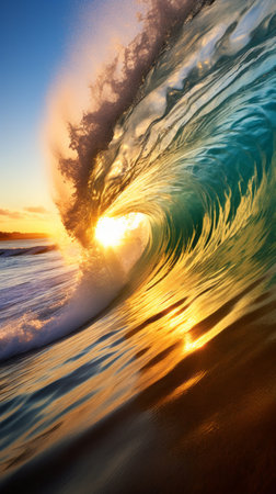 The sun is setting behind a wave in the oceanの素材