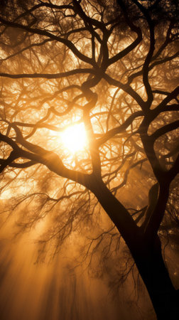 The sun shining through the branches of a treeの素材