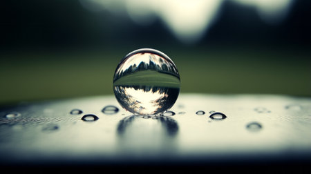 A single water droplet on a table surfaceの素材