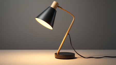 A modern desk lamp with a sleek wooden base and a stylish black shadeの素材