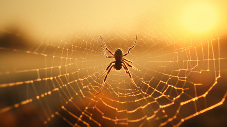 A spider on its web at sunsetの素材