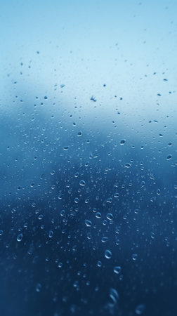 Raindrops on a window with a vibrant blue sky in the backgroundの素材