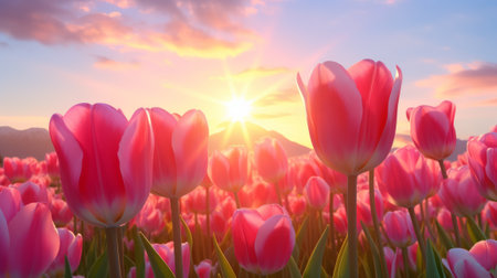 A vibrant field of pink tulips illuminated by the golden rays of the sunの素材