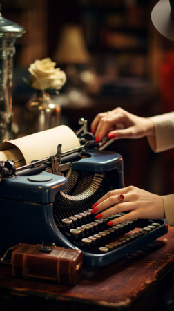 A woman using a vintage typewriterの素材