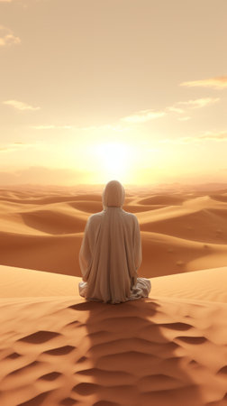 A person sitting alone in the vastness of the desertの素材