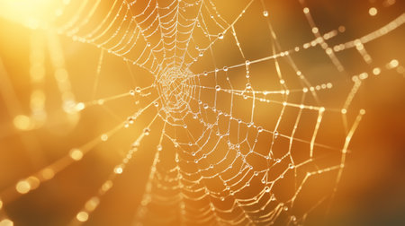 A delicate spider web covered in glistening dew dropsの素材