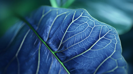 A vibrant blue leaf with a fresh green stem in close-upの素材