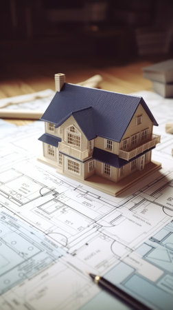 A miniature model house on top of a blueprint, representing architectural design and constructionの素材