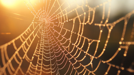 A glistening spider web adorned with delicate dew dropsの素材