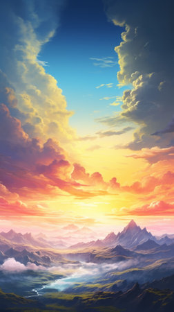 A breathtaking sunset painting showcasing the majestic beauty of a mountain rangeの素材