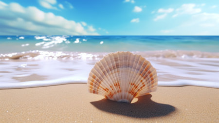 A seashell on a sandy beach near the oceanの素材