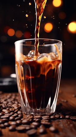 Coffee being poured into a glass on top of coffee beansの素材