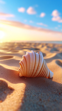 A beautiful seashell at sunset on a sandy beachの素材