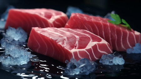 Two cuts of fresh raw meat on a bed of iceの素材