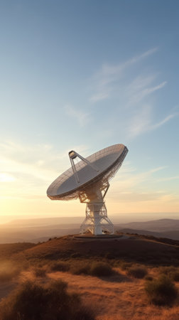 A satellite dish on a hilltop with a clear view of the skyの素材