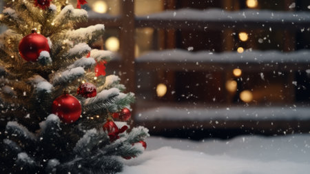 A beautifully decorated Christmas tree covered in red and gold ornaments, standing tall in a snowy landscapeの素材