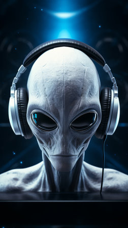An extraterrestrial DJ with futuristic music equipmentの素材