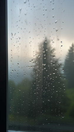 A rainy window with water droplets on the glassの素材