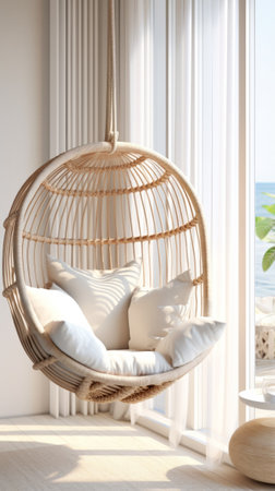 A hanging chair with a breathtaking ocean viewの素材