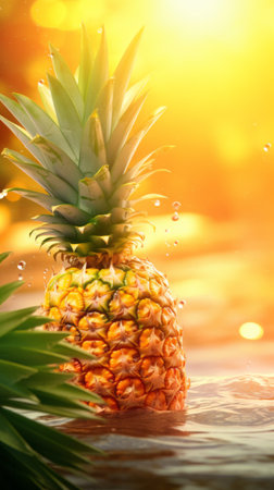 A pineapple floating in water with a beautiful sunset in the backgroundの素材