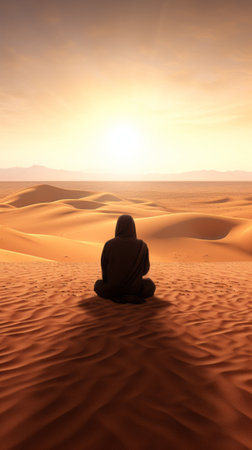 A lone figure sitting in the vastness of the desertの素材