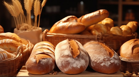 A table filled with freshly baked loaves of breadの素材