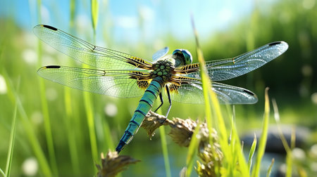 A vibrant blue dragonfly perched on a lush green plantの素材